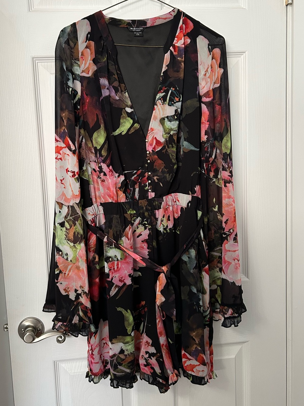 Marciano Black Floral Mini Dress with Pink & Green Accents
